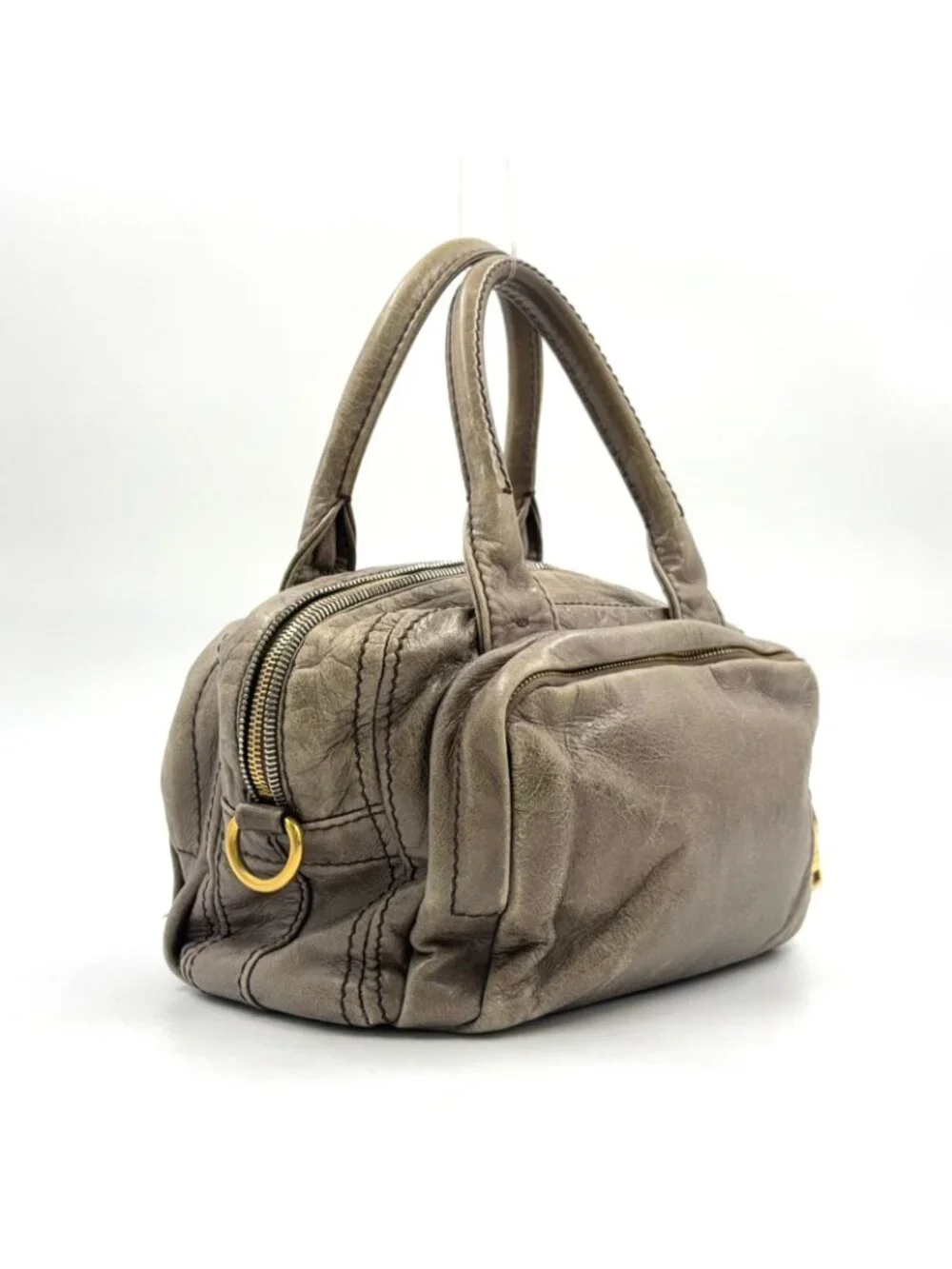Prada Vitello Shine Bowlet Calf Gray Handbag Gold